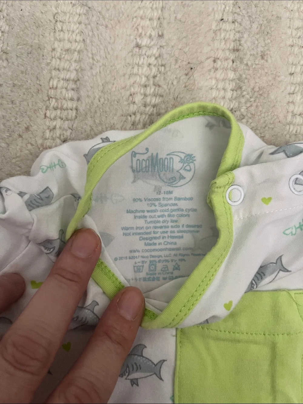 Coco Moon White & Lime Shark Pocket Baby One-Piece Bodysuit